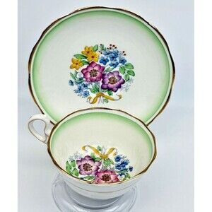 Royal Albert Tea Cup and Saucer Set Green Fade Yellow Ribbon Floral Bouquet 1586